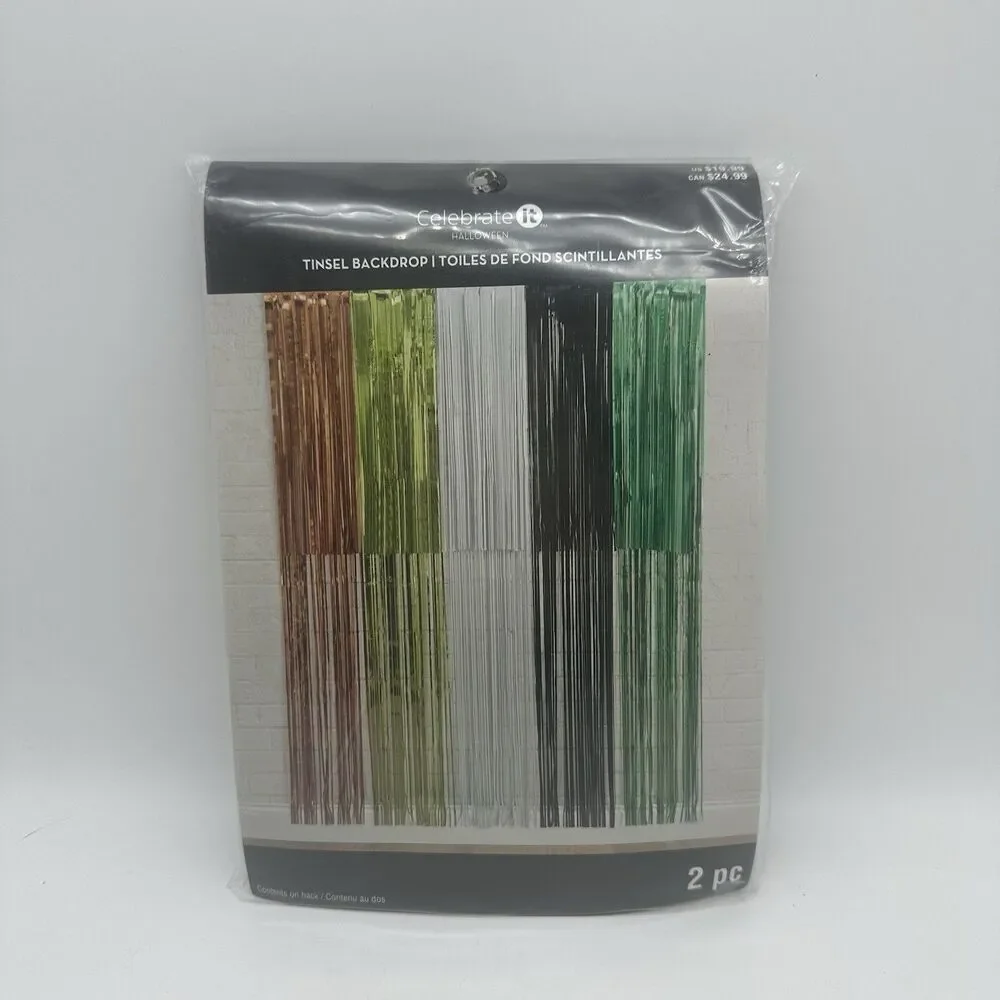 Celebrate It Halloween Tinsel Backdrop 2 Pc Metallic Fringe Orange Green Black